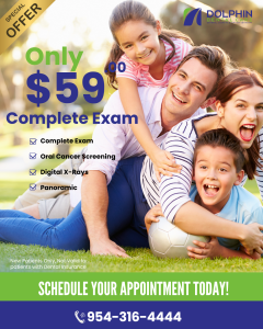 Complete exam special for $59, featuring happy family at outdoor location, comprehensive dental examination promotion for new patients