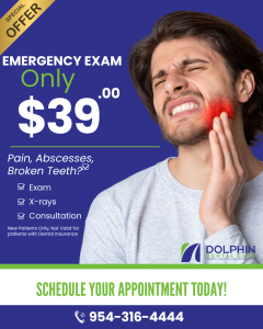 Emergency dental exam special for $39, featuring man in dental pain holding his jaw, promotes relief for toothaches, broken teeth, and dental emergencies