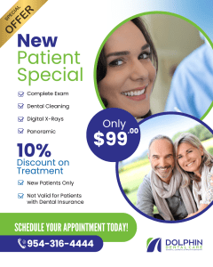 New Patient Special promotional flyer offering $99 dental special with 10% discount, featuring images of a woman and happy couple, includes practice contact information