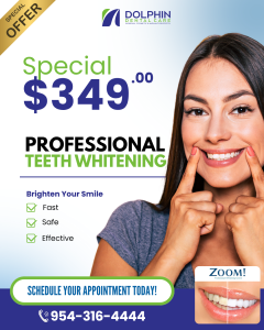 Professional teeth whitening special for $349, showing smiling woman with bright white teeth, promotional offer for cosmetic dental services